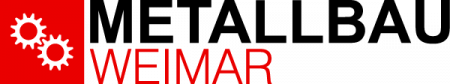 Logo der Firma Metallbau Weimar mit zwei weißen Zahnrädern auf einem roten Rechteck